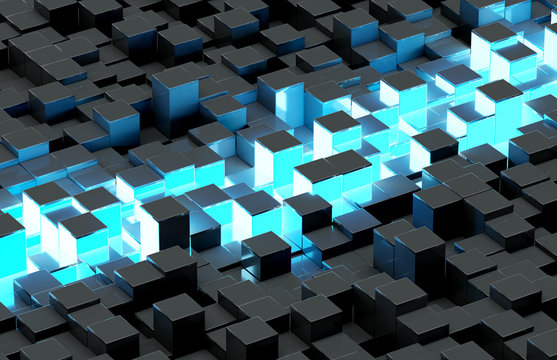 Glowing black and blue squares background pattern 3D rendering