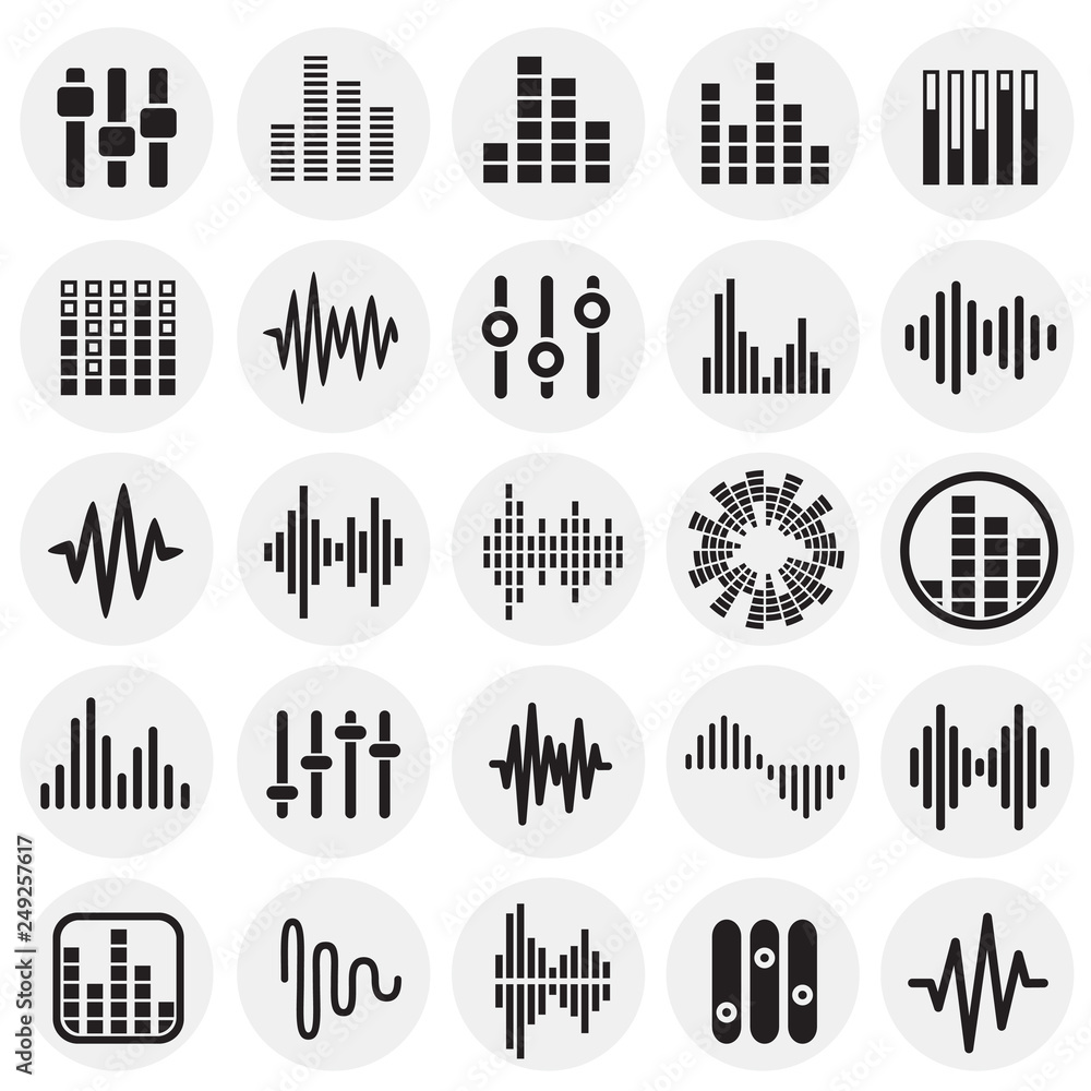 Poster equalizer icons set on circles background for graphic and web design, modern simple vector sign. int