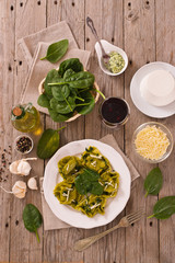 Spinach ravioli with ricotta cheese filling.