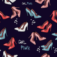 High heel shoe seamless pattern. Simple illustration of high heel shoe on dark blue background vector. Fashion design. print fabric textile, wallpaper, wrapping paper. hand drawing, girl power. pink