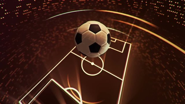 Abstract animation drawing of soccer field shape from neon line and flickering particles with flying soccer ball on background. 