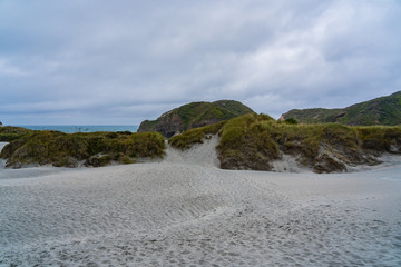 Wharariki Beach, Golden Bay, Rippled Sand and rock formations at Wharariki Beach, Nelson, North Island, New Zealand