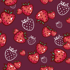seamless pattern strawberry on red background. Sketched food vector background.Hand drawn Abstract berry for card, print, template, wallpaper, kitchen design, packaging, paper, textiles.