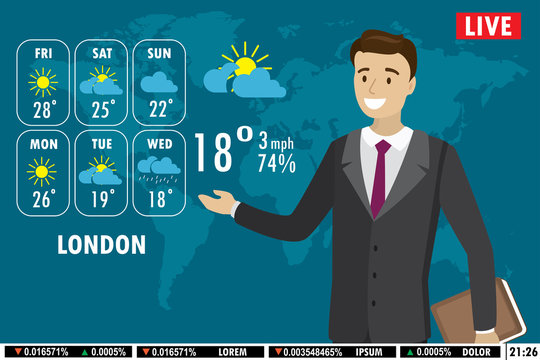 European male news anchor tells weather forecast on tv