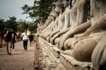 Obraz premium lot of stone beautiful image buddha in temple asian history in Ayutthaya, Thailand 