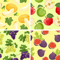 Set of fruit seamless patterns. Melon, apple, grapes, figs. Vector color illustration in cartoon simple flat style.