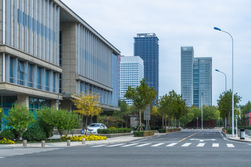 empty road front of modern buildings.