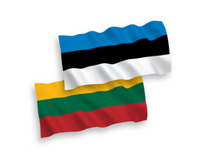 National vector fabric wave flags of Lithuania and Estonia isolated on white background. 1 to 2 proportion.