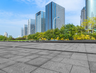 Empty floor with modern business office building