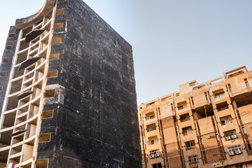 A skyscraper burnt down during construction in the centre of an African metropolis