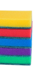 Set multi-colored household cleaning sponge.  Cleaning service,spring cleaning concept. Flat lay, Top view.Housework concept. Colored sponge isolated on white background- close up.Cleaning equipment. 