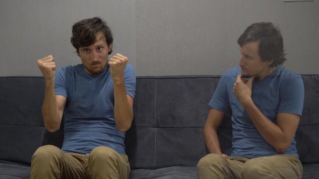 Emotional intelligence concept. On one side of a young man feeling stress and anger on the other side of the image the same man analyzing his state and does not approve it. A right side man is a half