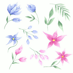 Fototapeta premium watercolor pattern of pink and blue flowers, tulips and leaves