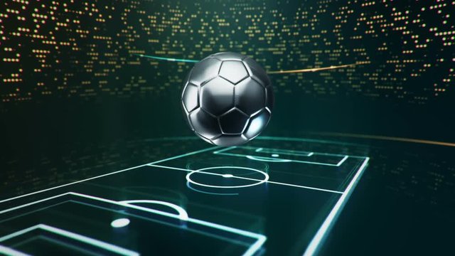 Abstract animation drawing of soccer field shape from neon line and flickering particles with flying soccer ball on background. 