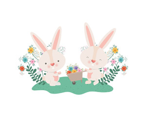 bunnies with wheelbarrow and flowers isolated icon