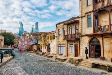 Baku Flame Towers and Old Town, Azerbaijan, taken in January 2019