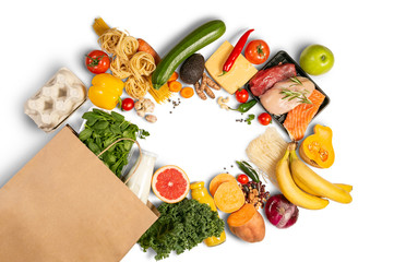 Grocery shopping concept - meat, fish, fruits and vegetables with shopping bag, top view