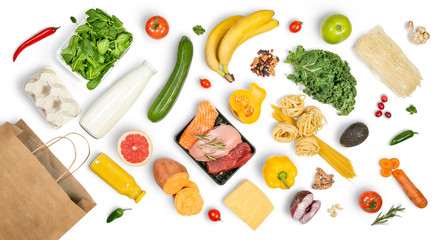 Grocery shopping concept - meat, fish, fruits and vegetables with shopping bag, top view