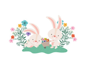 bunnies with wheelbarrow and flowers isolated icon