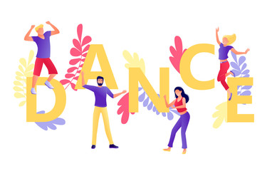 Dance letters with group of dancing people around. Young men and women have fun together. Corporate party, festival, holidays, carnival. Studio or dance school. Flat concept vector illustration