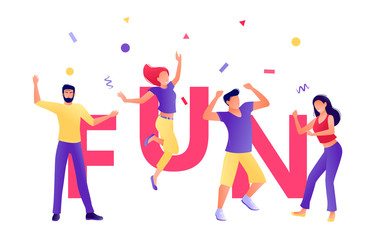 Fun letters with group of dancing people around. Young men and women have fun together. Corporate party, festival, holidays, carnival. Studio or dance school. Flat concept vector illustration