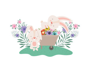 bunnies with wheelbarrow and flowers isolated icon