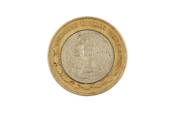 A macro image of a bimettalic ten Mexican peso coin isolated on a white background