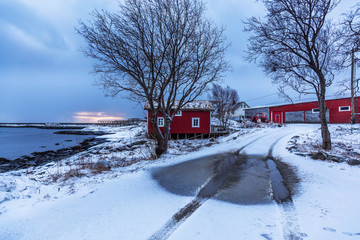 Naklejka premium small house in the snow, Lofoten, Norway