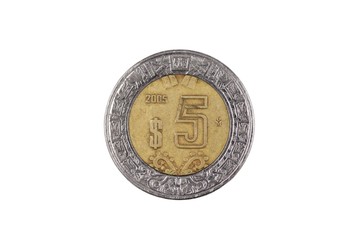 A macro image of a bimettalic five Mexican peso coin isolated on a white background