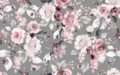 Wallpaper murals Grey Seamless pattern with flowers and leaves. Hand drawn background.  floral pattern for wallpaper or fabric. Flower rose. Botanic Tile.