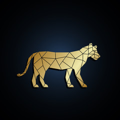 Vector geometric Lioness illustration. Golden polygonal Lioness icon.