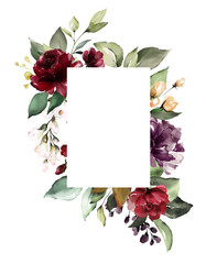 Card. Watercolor invitation design with burgundy and red roses, leaves. flower, background with floral elements , botanic watercolor illustration. Vintage Template.   frame