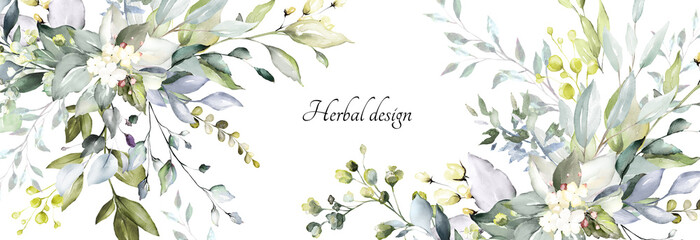 botanical design. horizontal herbal banners on white background for wedding invitation, business products. web banner with leaves, herbs