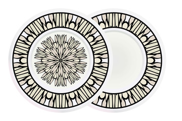 Fototapeta na wymiar Matching decorative plates for interior designwith floral art deco pattern. Empty dish, porcelain plate mock up design. Vector illustration. White, grey color