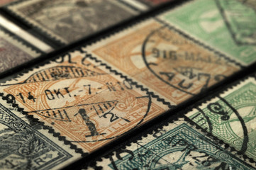 Postage stamps of Hungary of the early twentieth century. Shallow depth of field