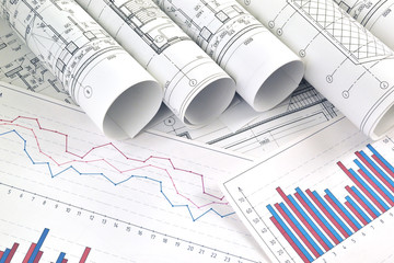 Photo drawings for design engineering works with graphs and diagrams