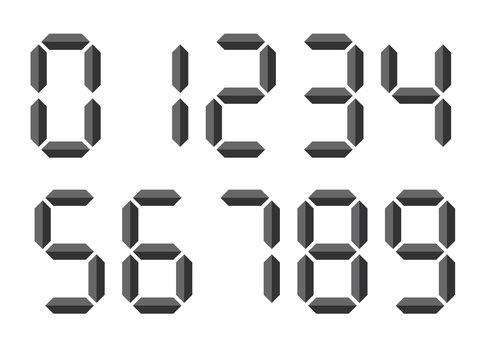 Grey 3D-like digital numbers. Seven-segment display is used in calculators, digital clocks or electronic meters. Vector illustration