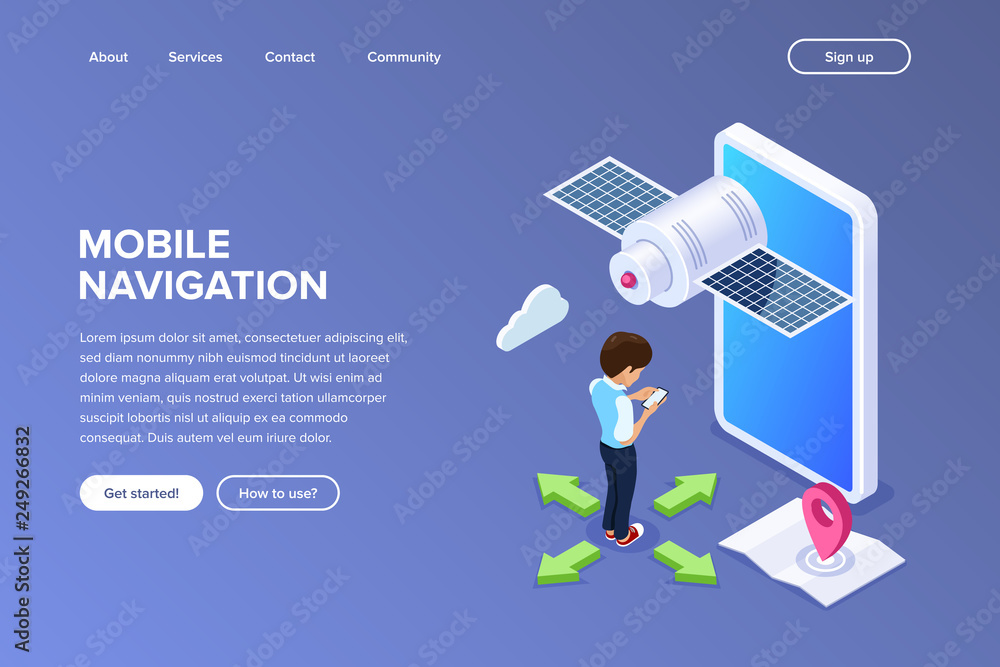 Poster isometric flat mobile navigation concept. person uses mobile phone to pave the way. satellite on the