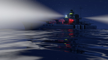 3d illustration of a battleship in the open ocean by night with the searchlights on