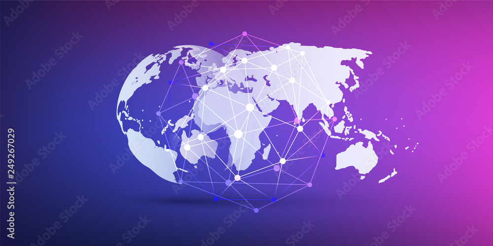 Poster cloud computing and networks concept, world map and network mesh on purple background - global digit