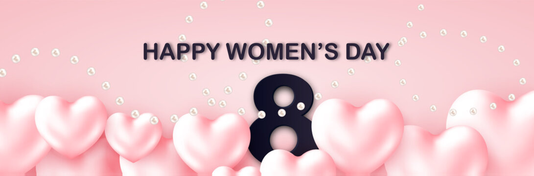 8 March card to International Womens Day with a Lettering. Paper number 8 and Hearts on polca dot pattern. Lovely card, web header, poster, postcard, add.