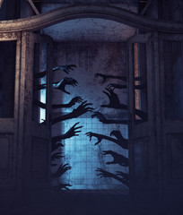 House of a thousand hands,Undead hands behind the doors in a haunted house,3d rendering - 249268200