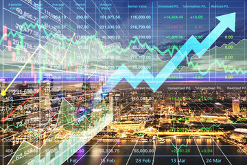 Obraz na płótnie Canvas Stock financial index show graph and chart data of successful business and growth investment on urban development with aerial view of city night scene on modern technology perspective background.
