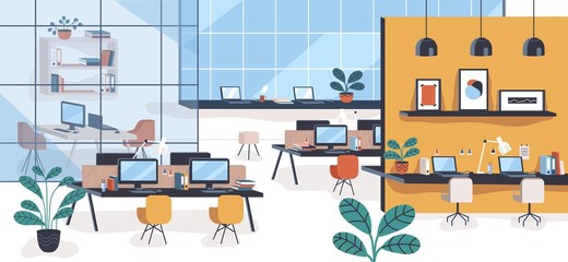 Modern office or open space with desks, computers, chairs. Comfortable co-working area or shared workplace full of stylish furniture and interior decorations. Colorful flat vector illustration.