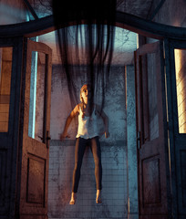 Girl being peg by an evil that vengeful in a haunted house,3d rendering,** night scene may have some noise