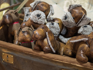 Antique Vintage Toy: Brown Leather Dogs inside a Suitcase