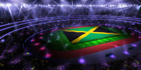people hold Jamaica flag in stadium arena. field 3d photorealistic render © Anna Stakhiv
