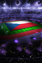 people hold Czech Republic flag in stadium arena. field 3d photorealistic render