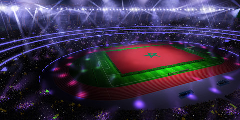 people hold Morocco flag in stadium arena. field 3d photorealistic render illustration