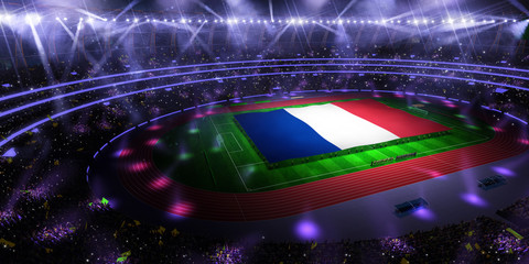 people hold France flag in stadium arena. field 3d photorealistic render illustration